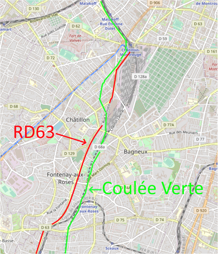 Le projet du doublage de la Coulée Verte visualisé : les vélos pourront emprunter les futures pistes cyclables en sécurité sur la D63 entre Châtillon, Fontenay-aux-Roses et Sceaux.