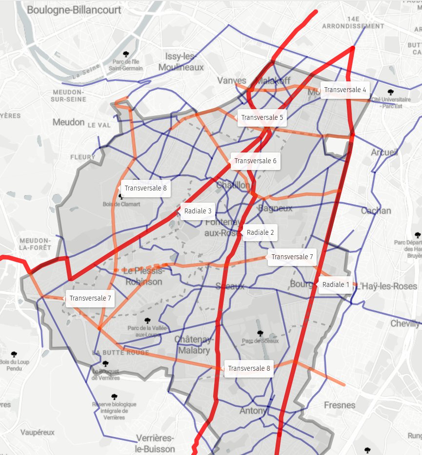 Une projection possible des huit axes que VSGP souhaite rendre cyclables au titre du Schéma Directeur Cyclables.