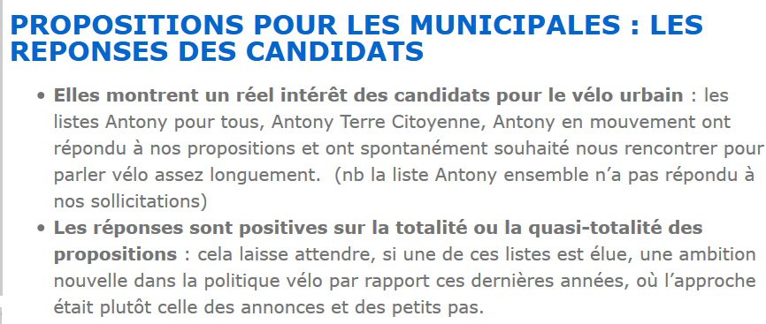 L'association vélo Antony à vélo précise que plusieurs candidats l'ont contactée spontanément pour parler du vélo.