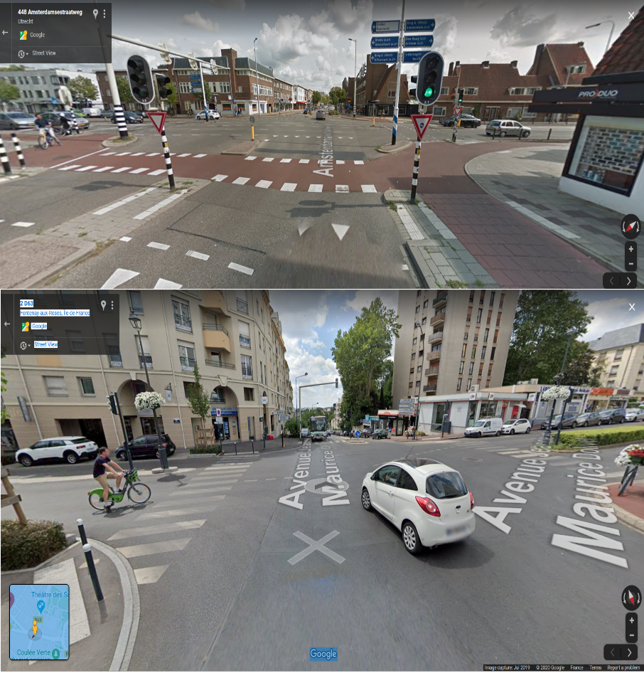 En haut: carrefour sécurisé à Utrecht (Amsterdamsestraatweg/Marnixlaan). En bas: carrefour non sécurisé du type "no man's land" sans piste cyclable et sans îlot de protection à Fontenay-aux-Roses (rue Boucicaut/av. Dolivet).